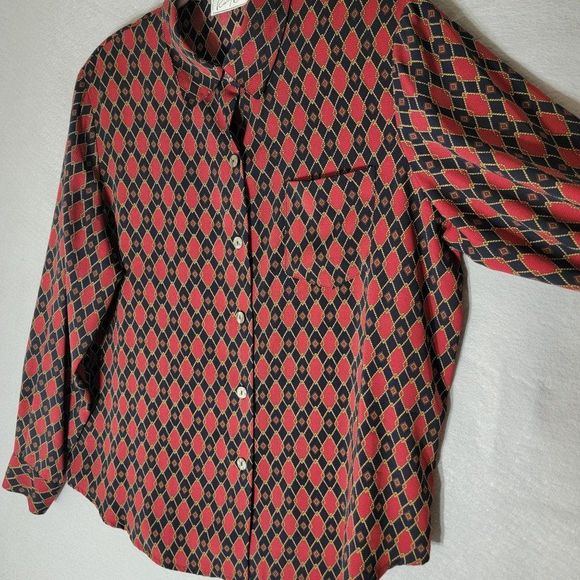 Vintage Cathy Che Blouse 1X Button Front Shoulder Pads Long Sleeve Red Blue Geo - Picture 4 of 10